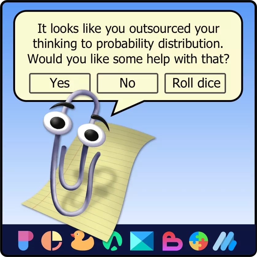 The paperclip-shaped Microsoft assistant known as Clippy, asking a question on a mock-up of a computer desktop interface. The speech bubble says: