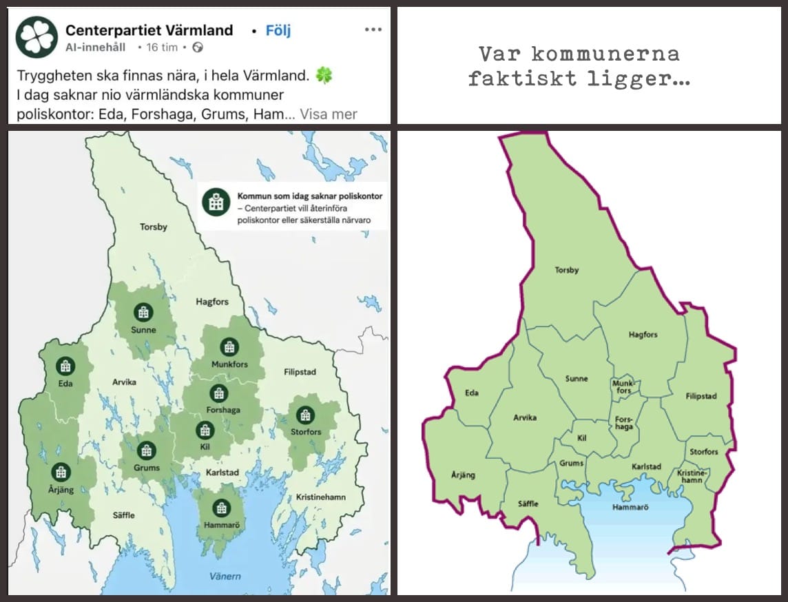 Centerpartiets inlägg med karta på Instagram, bredvid den faktiska regionskartan. Kommunernas namn är utsatta i bägge kartorna och man kan reagera på att Munkfors, Forshaga, Kil och Grums blivit betydligt större i Centerpartiets version, samt att det är väldigt mycket landmassa i Vänern bestående av Hammarö (som egentligen är betydligt mindre) och en halvö som dykt upp i Kristinehamn. Men faktiskt har ingen av kommunerna sin rätta form i Centerpartiets AI-genererade version.