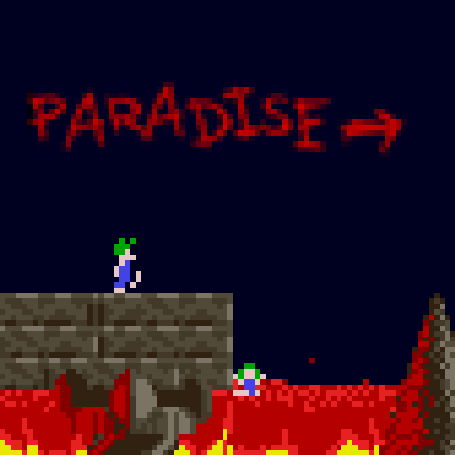 Animation from the 90s video game Lemmings, showing the anthropomorphic lemmings walk atop a wall in the direction of a sign pointing to 