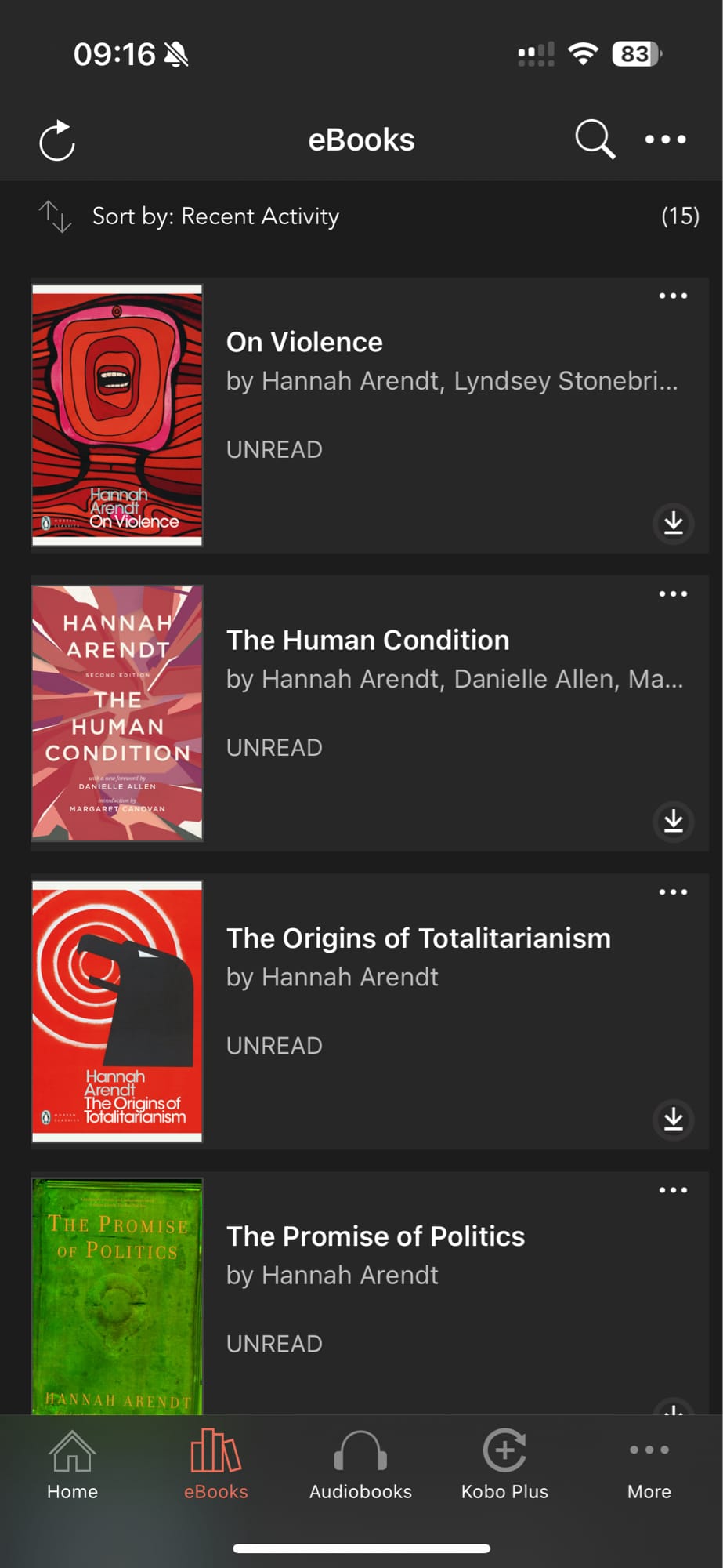 Screenshot of the Kobo books app on iPhone showing four books by Hannah Arendt:
On Violence, The Human Condition, The Origins of Totalitarianism, and The Promise of Politics.
All books are marked as Unread.