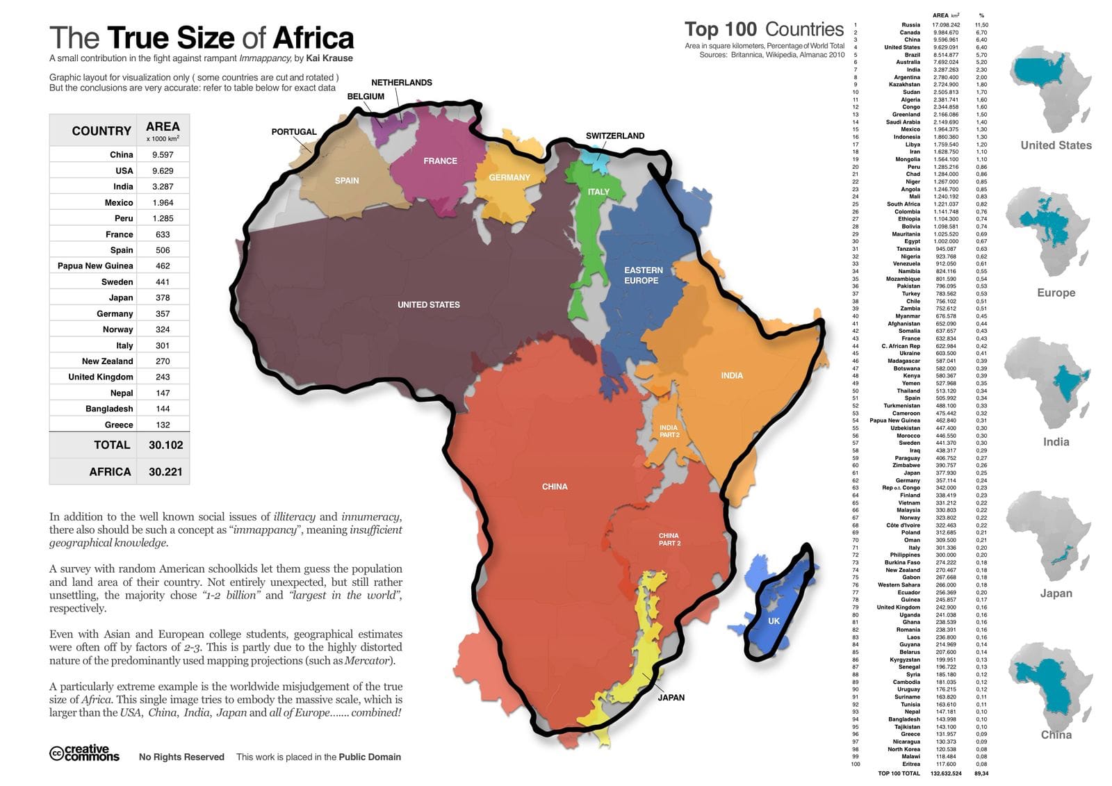An infographic with many countries superimposed on the African continent. It is entitled The True Size of Africa.
In the primary image, Inside the borders of the African continent are simultaneously the United States, China, Japan, India, Eastern Europe, the UK, Portugal, Spain, Belgium, Netherlands, France, Germany, Switzerland and Italy.