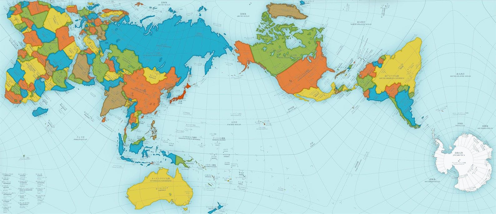 An official version of the Authagraph map centered on the Pacific Ocean. The Americas are to the right and Asia is to the left, with Africa at the far left-end. Antarctica can be seen in full, with its expected size compared to other continents.