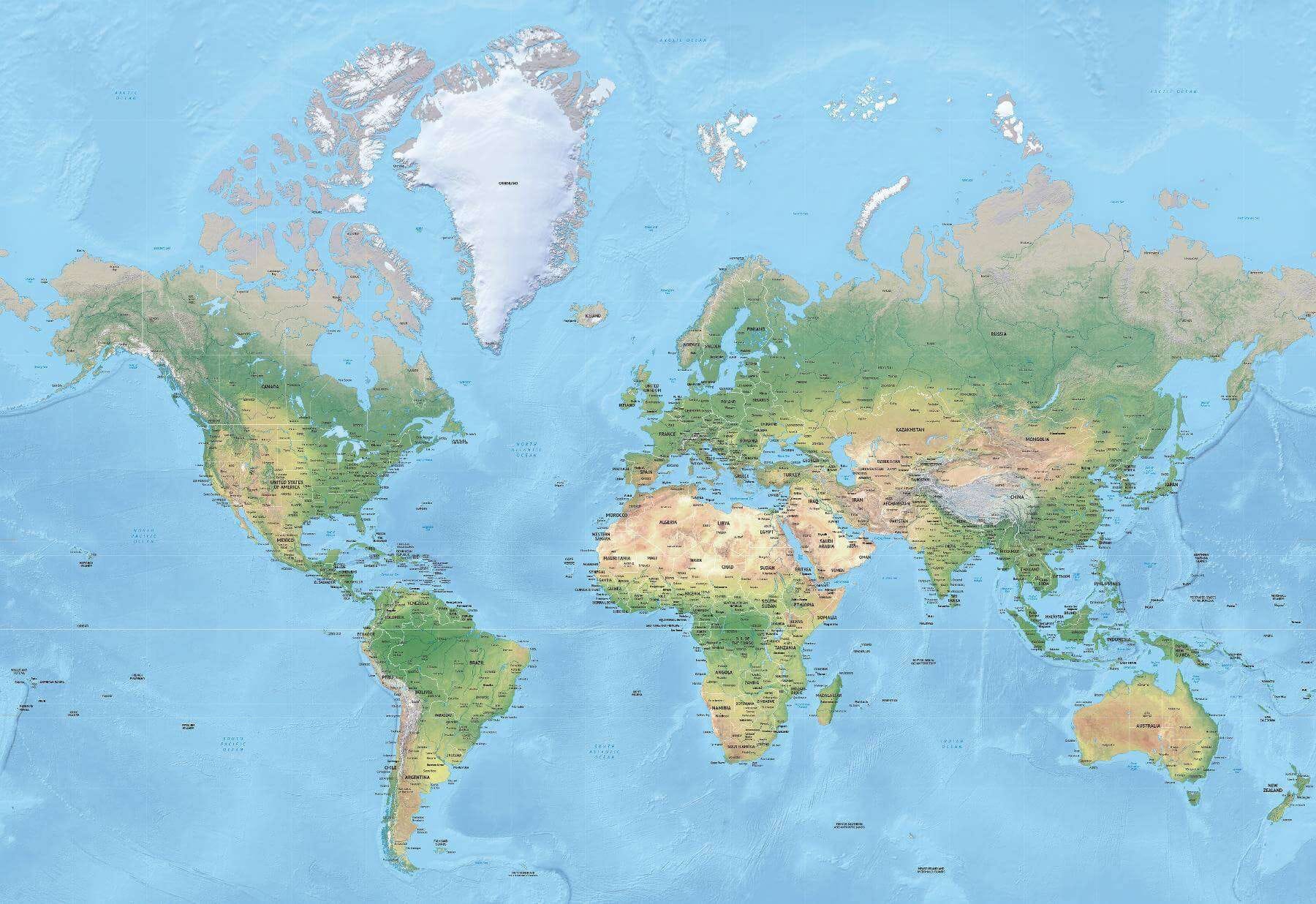 A flat world map as it is usually seen in many classrooms, with the Americas to the left and Asia-Pacific to the right, centered on Europe.