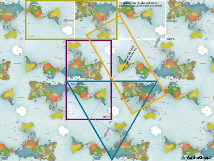 A world map projection with seemingly eight world maps stitched together to create a new way of looking at the map and how continents relate to each other. The world map itself has an uncommon shape and placement of continents (based on traditionally north-south and east-west lines), compared to what most people are used to.