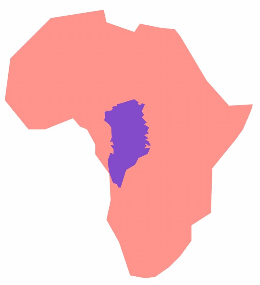 Greenland superimposed on the continent of Africa, showing how small it is in comparison.