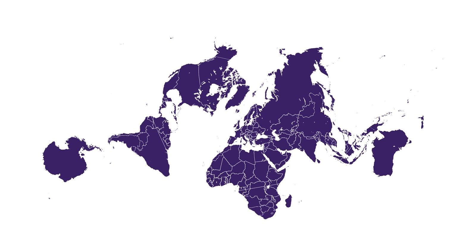 The Authagraph projection of the world centered on Europe. The map gives a circular sense of the surrounding continents where both the Americas and Asia stretch upwards and around Europe rather than being placed directly to the West or East respectively.