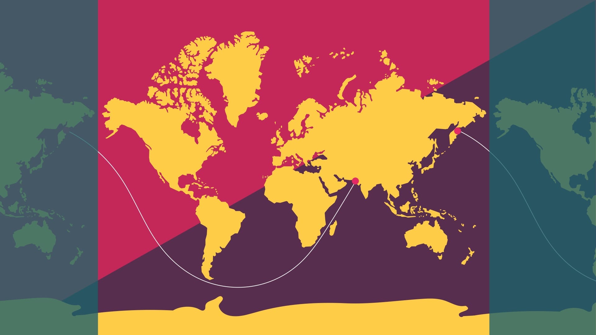 A curved line, almost like a sinus curve traverses the world map. One end of the line starts in Pakistan and it passes between the African mainland and Madagascar, dips below Africa and South America, and ends up in Russia, in a place known as Kamchatka Karia.