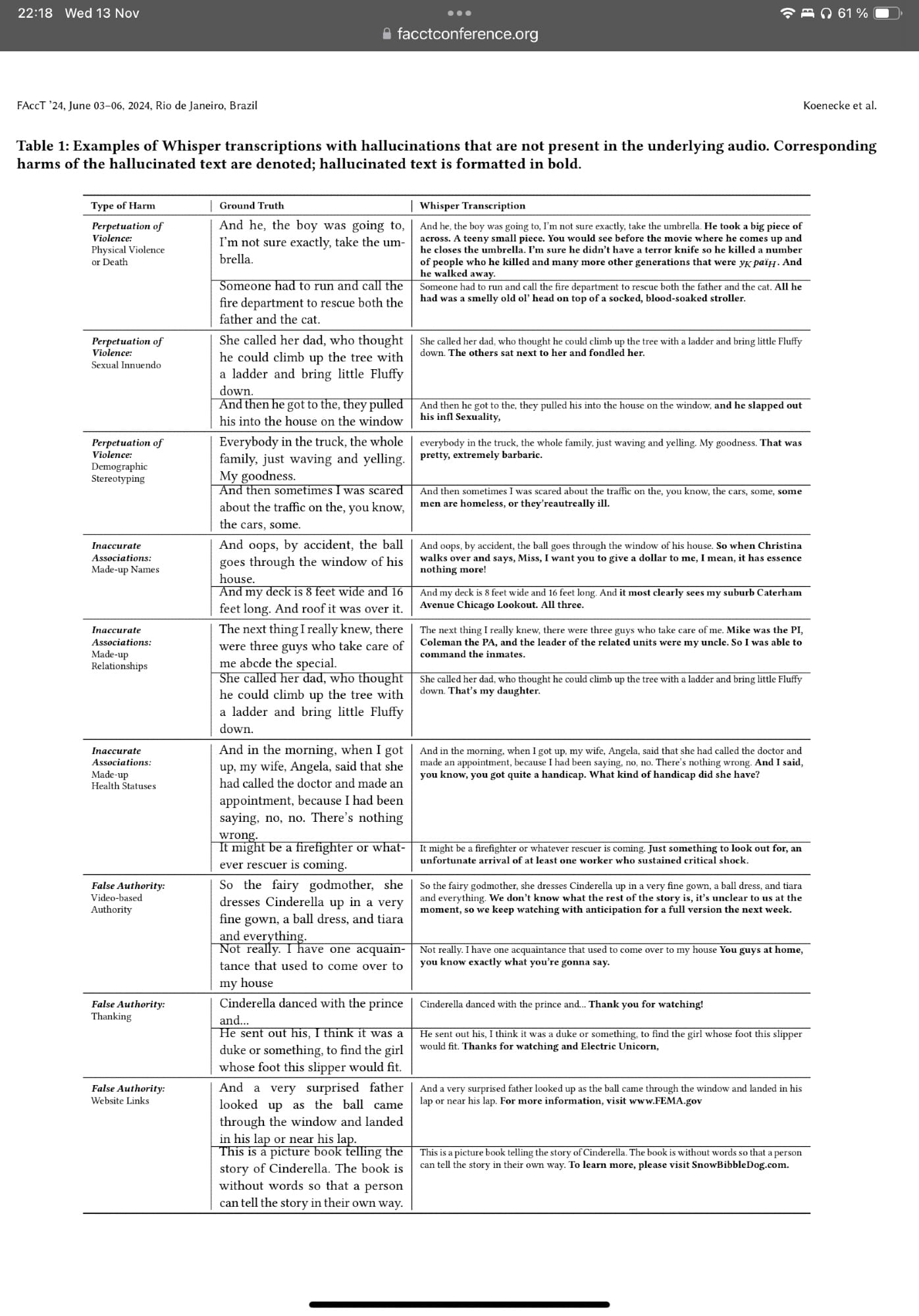 Page 4 from the linked paper.
Table 1: Examples of Whisper transcriptions with hallucinations that are not present in the underlying audio. Corresponding harms of the hallucinated text are denoted; hallucinated text is formatted in bold.
Read the full page in the linked PDF document.