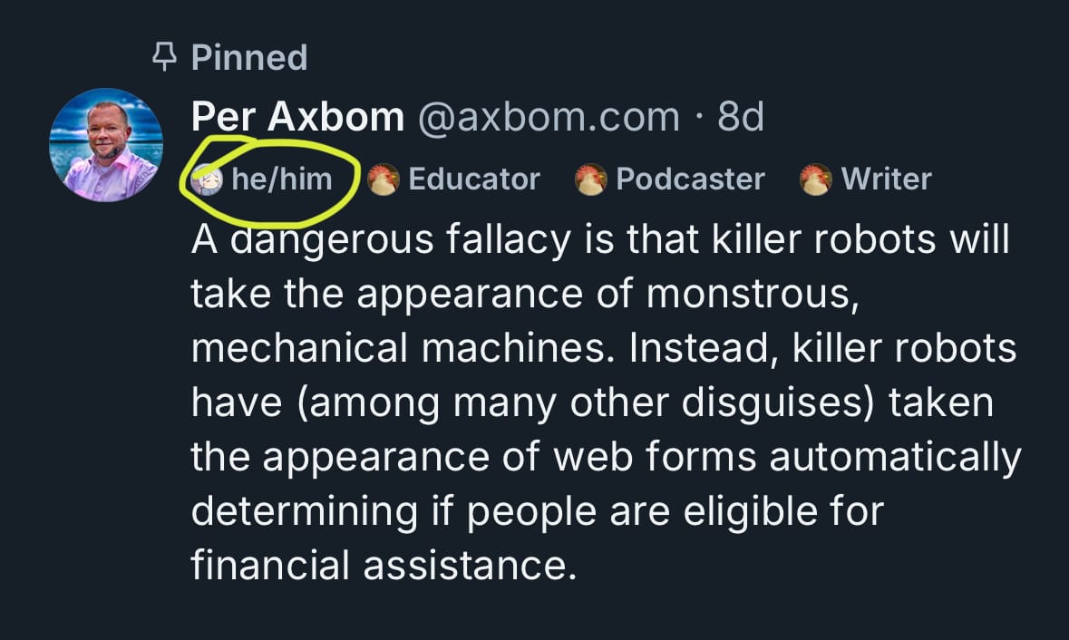 A screenshot of my pinned post where I have circled a label with my pronouns he/him that appear on a row below my name and before the content of the post starts.