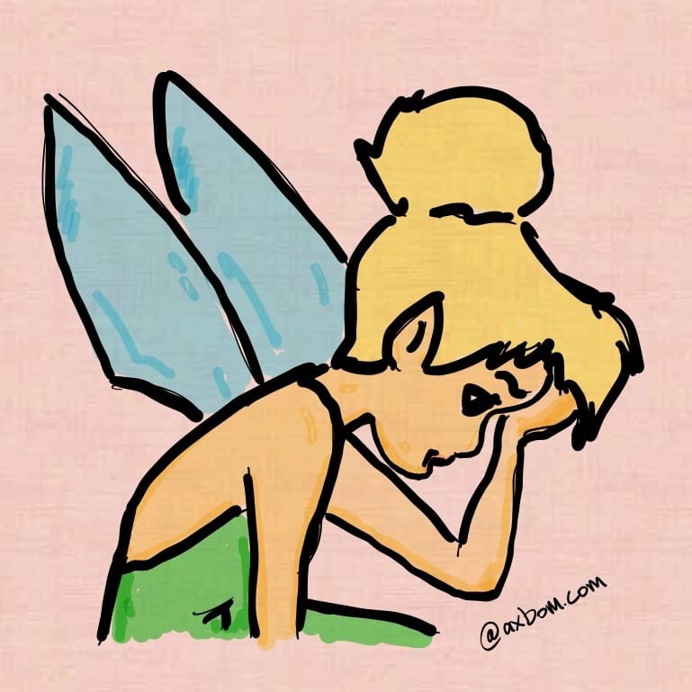 An illustration of the winged fairy Tinkerbell from the stories of Peter Pan. She is looking downwards, with her palm to her face, and a has a worried expression.
The drawing is by Per Axbom.