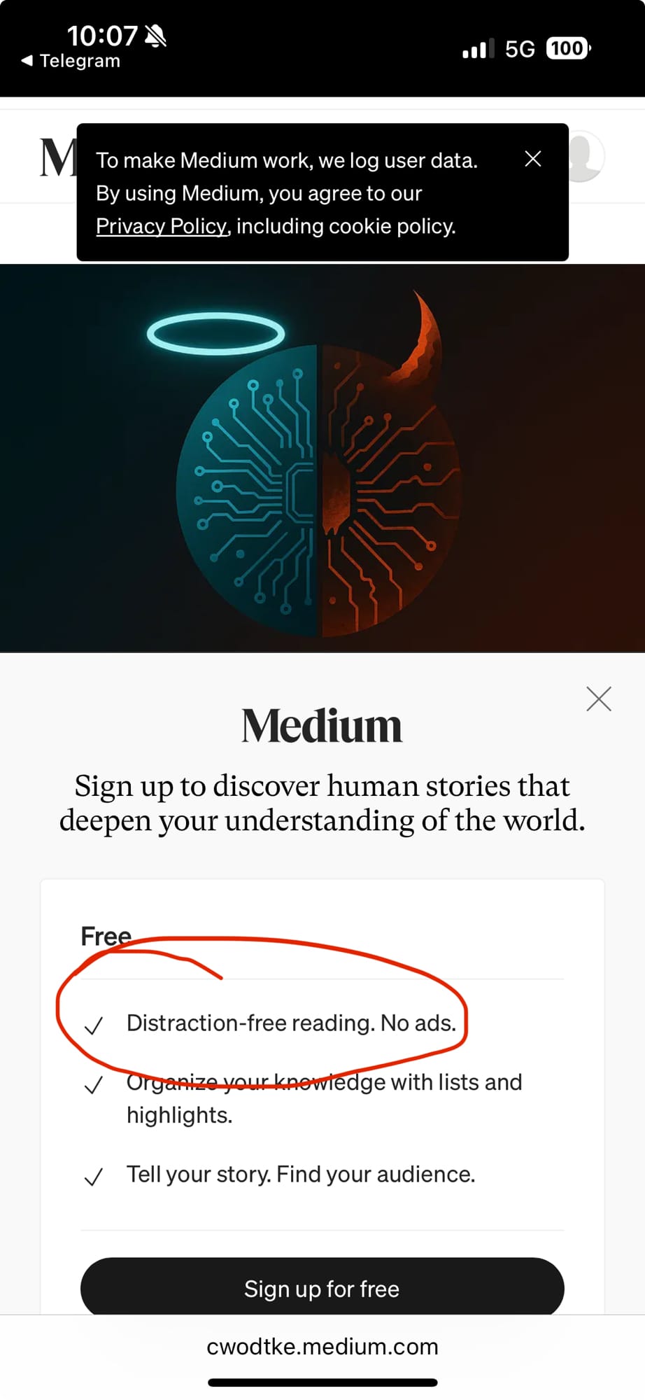 Mobile screenshot from Medium website. One privacy banner at the top and one modal asking people to subscribe, covering the whole article. The text "Distraction-free reading" is circled.