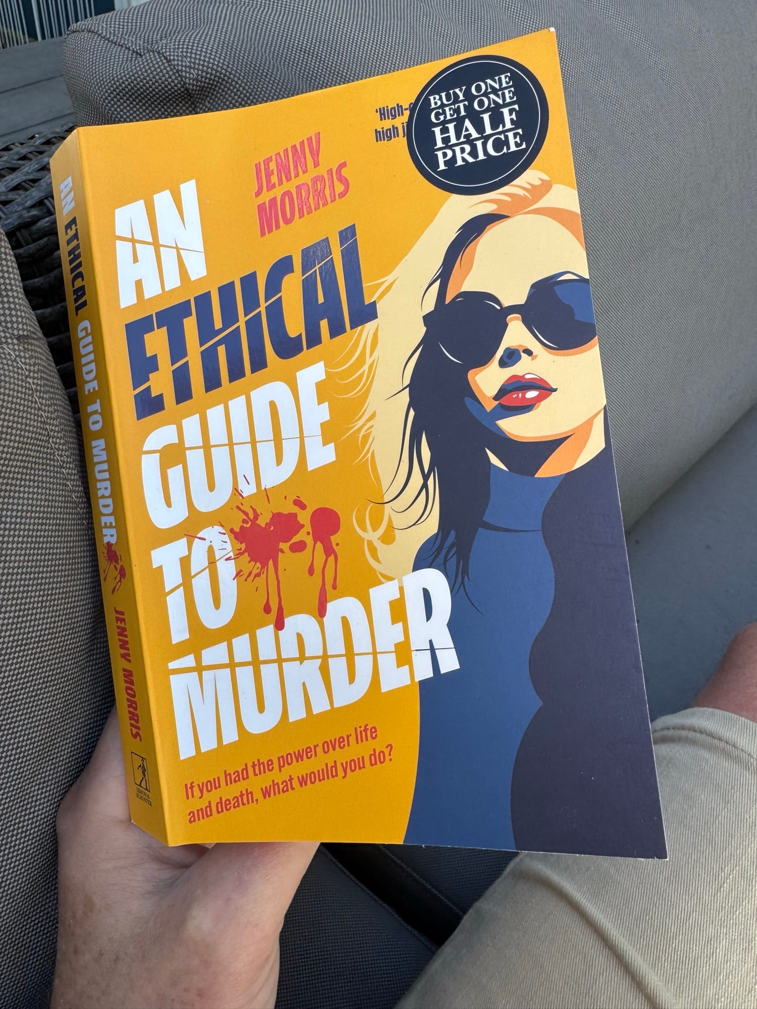 Paperback book: An ethical guide to murder, by Jenny Morris.

Subtitle: "If you had the power over life and death, what would you do?"