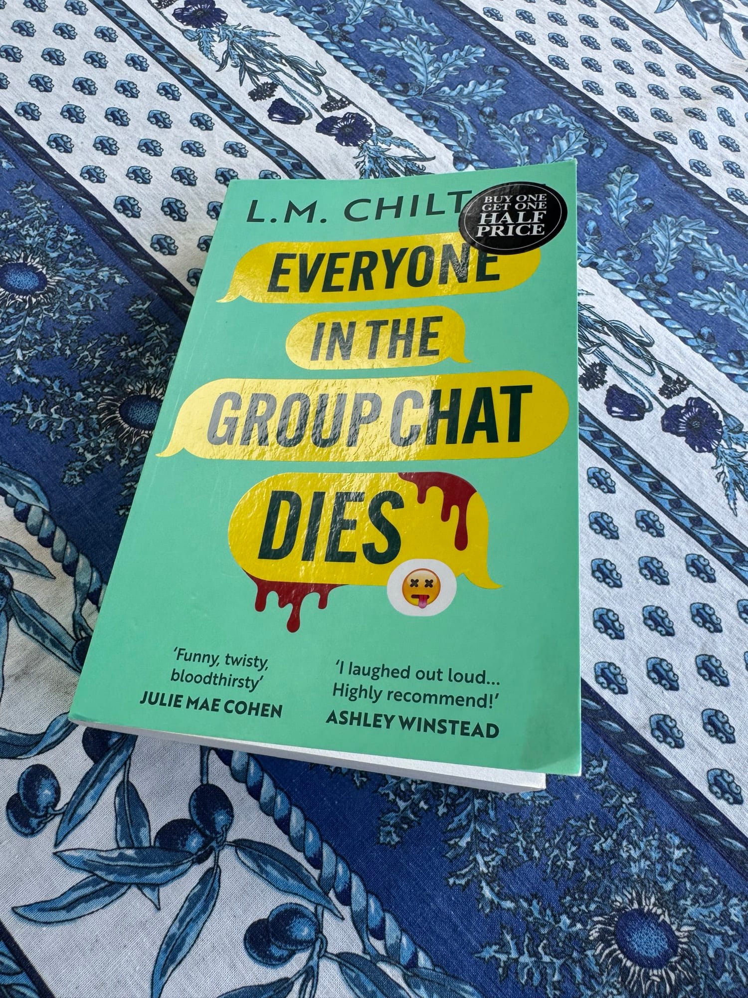 Paperback book: Everyone in the group chat dies, by L.M. Chilton

Quote: "Funny, twisty, bloodthirsty" – Julie Mae Cohen

Quote: "I laughed out loud… Highly recommended" – Ashley Winstead