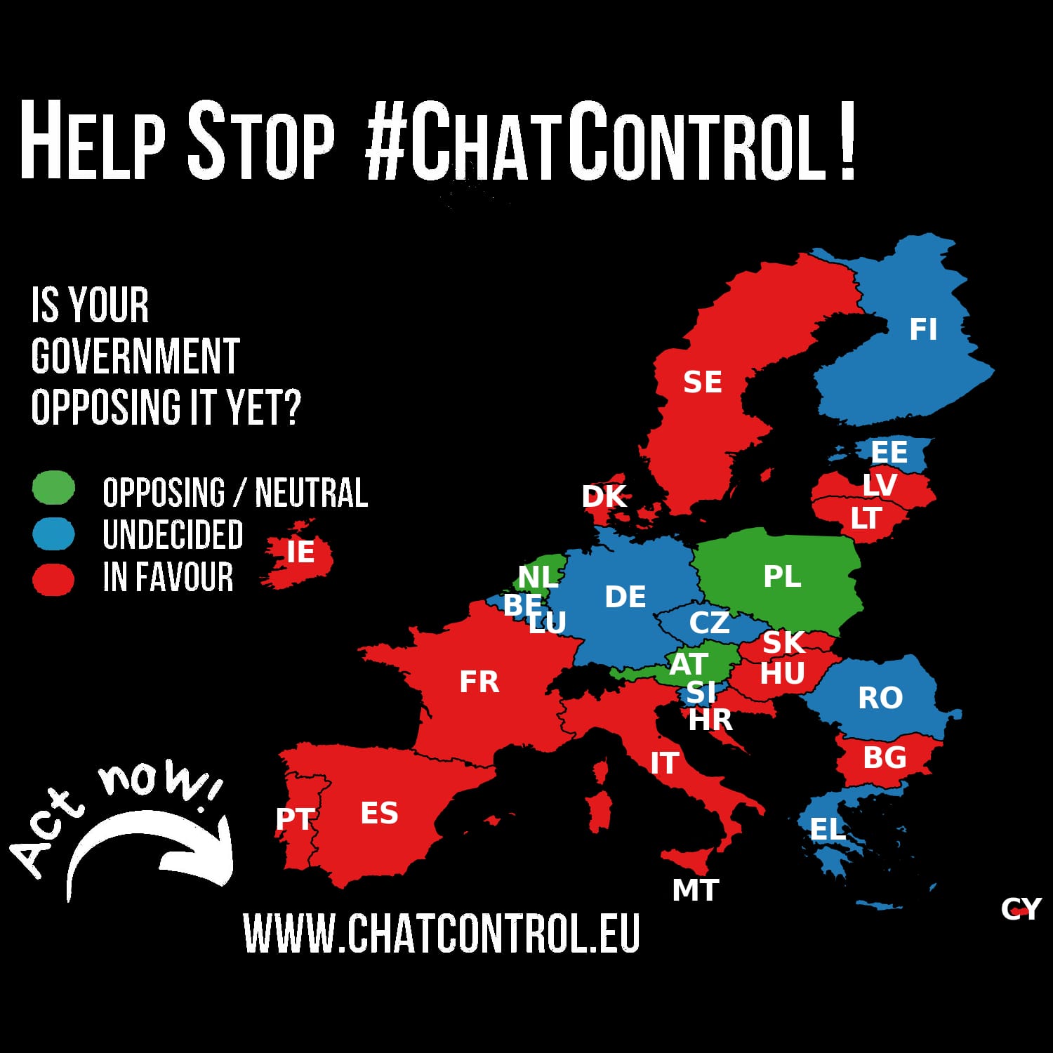 Map of Europe showing what countries are opposing/neutral, undecided or in favour of the proposal. NL, PL and AT are opposed/neutral. BE, LU, DE, CZ, FI, EE, RO and EL are undecided. The rest are in favour.