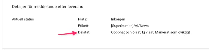 Part of a screenshot from a Gmail email log with an arrow pointing to the label "Delstat".