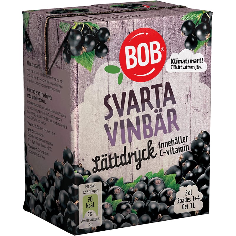 Swedish small carton of syrup for making juice, labeled "Svarta vinbär" which means black currants.