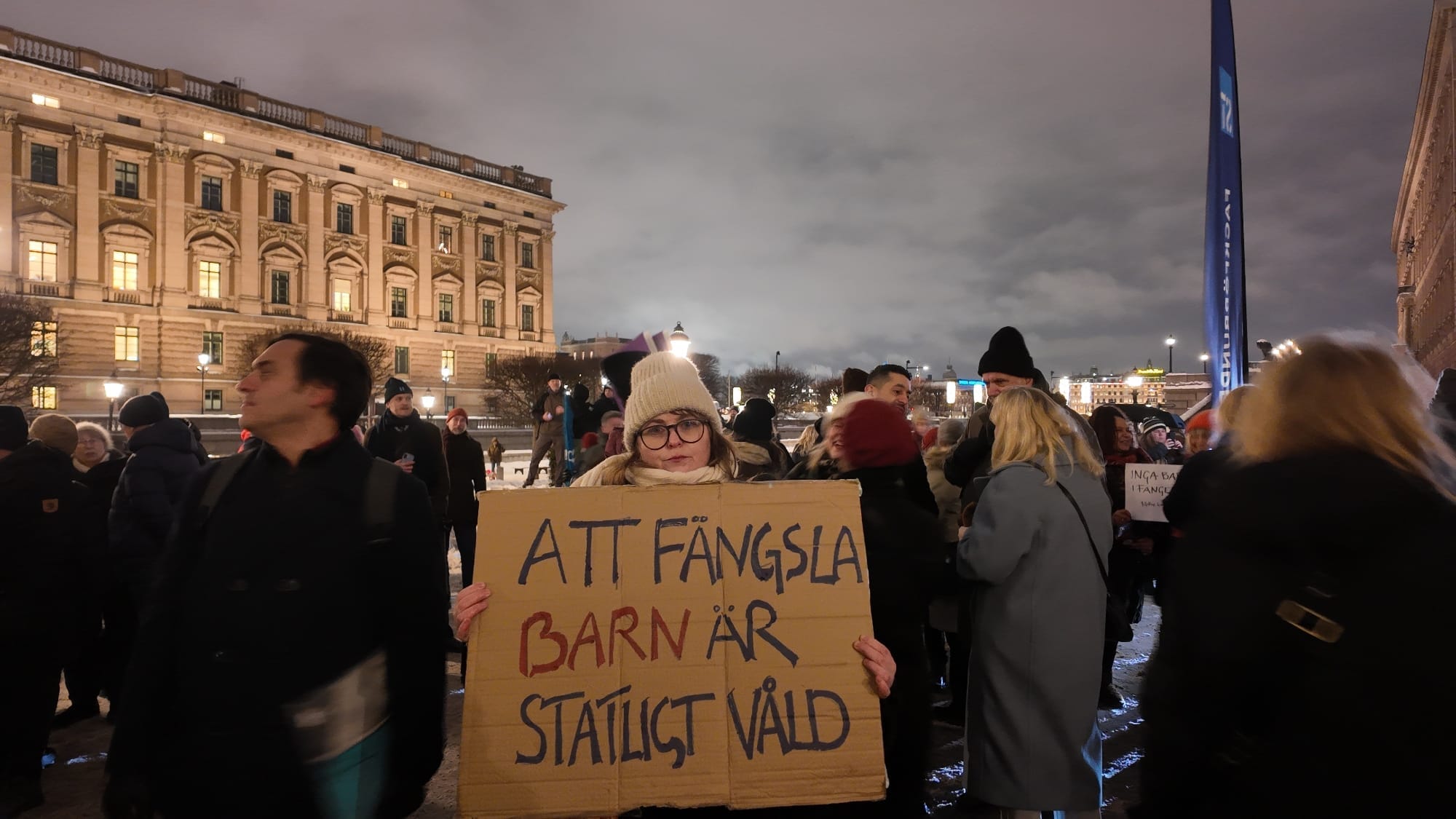 Kvinna håller resolut upp sin handskrivna skylt: Att fängsla barn är statligt våld. Till vänster i bakgrunden syns riksdagshuset.