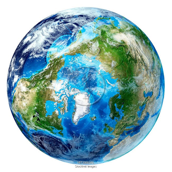 3D rendering of planet Earth, arctic view centered on North Pole.