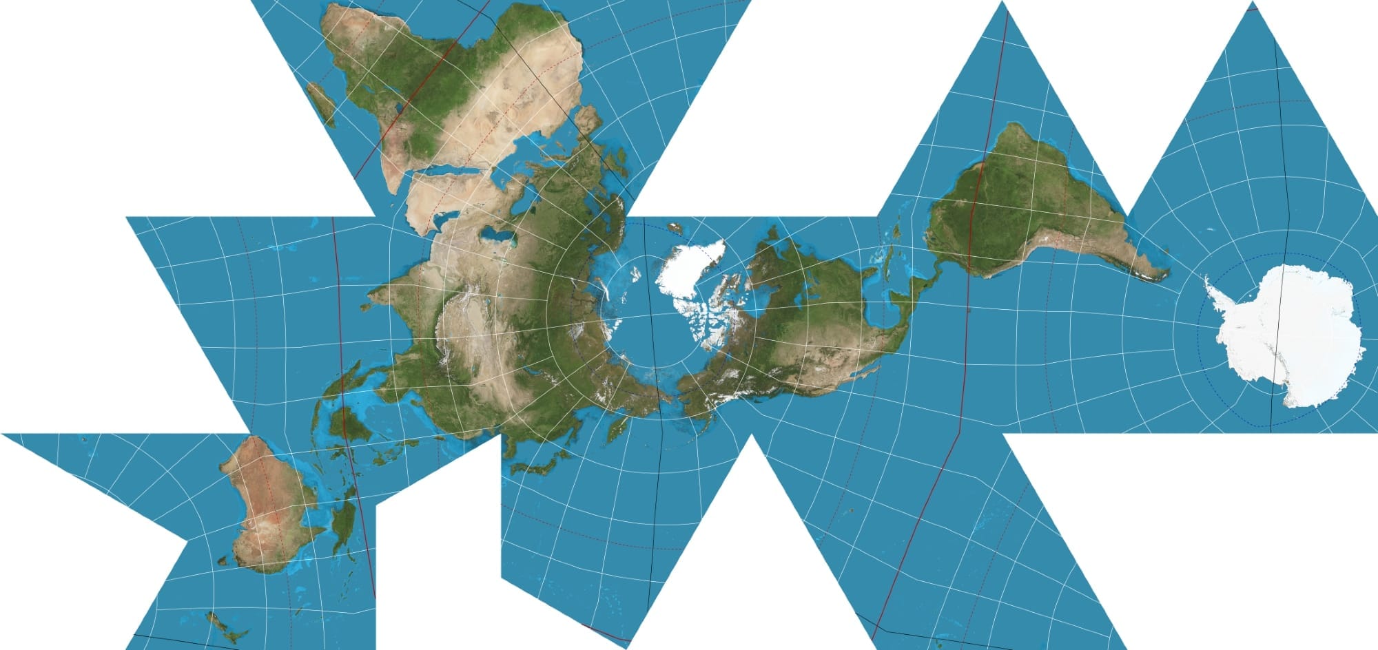 Dymaxion-projektionen är en typ av polyedrisk kartprojektion av jordytan på det utvikta nätet av en ikosaeder. Den resulterande kartan är kraftigt avhuggen och kantig för att minska form- och storleksförvrängning jämfört med andra världskartor, men avbrotten är valda att ligga i havet.