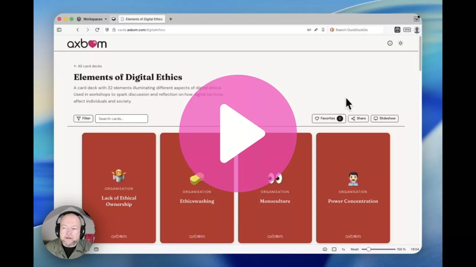 Screenshot from video with a floating head (Per Axbom) on top of the interactive playings cards website.