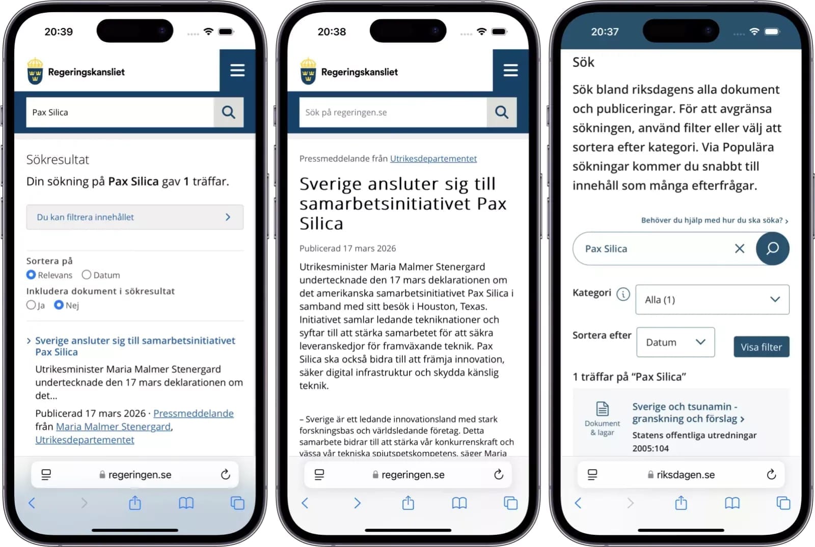 Söker man på Pax Silica hos Regeringkansliet eller Sveriges Riksdag så finns inget att hitta. Ja, det enda är pressmeddelandet från den 17 mars om att vi gått med. (Skärmdumpar från respektive webbplats sökmotorer)