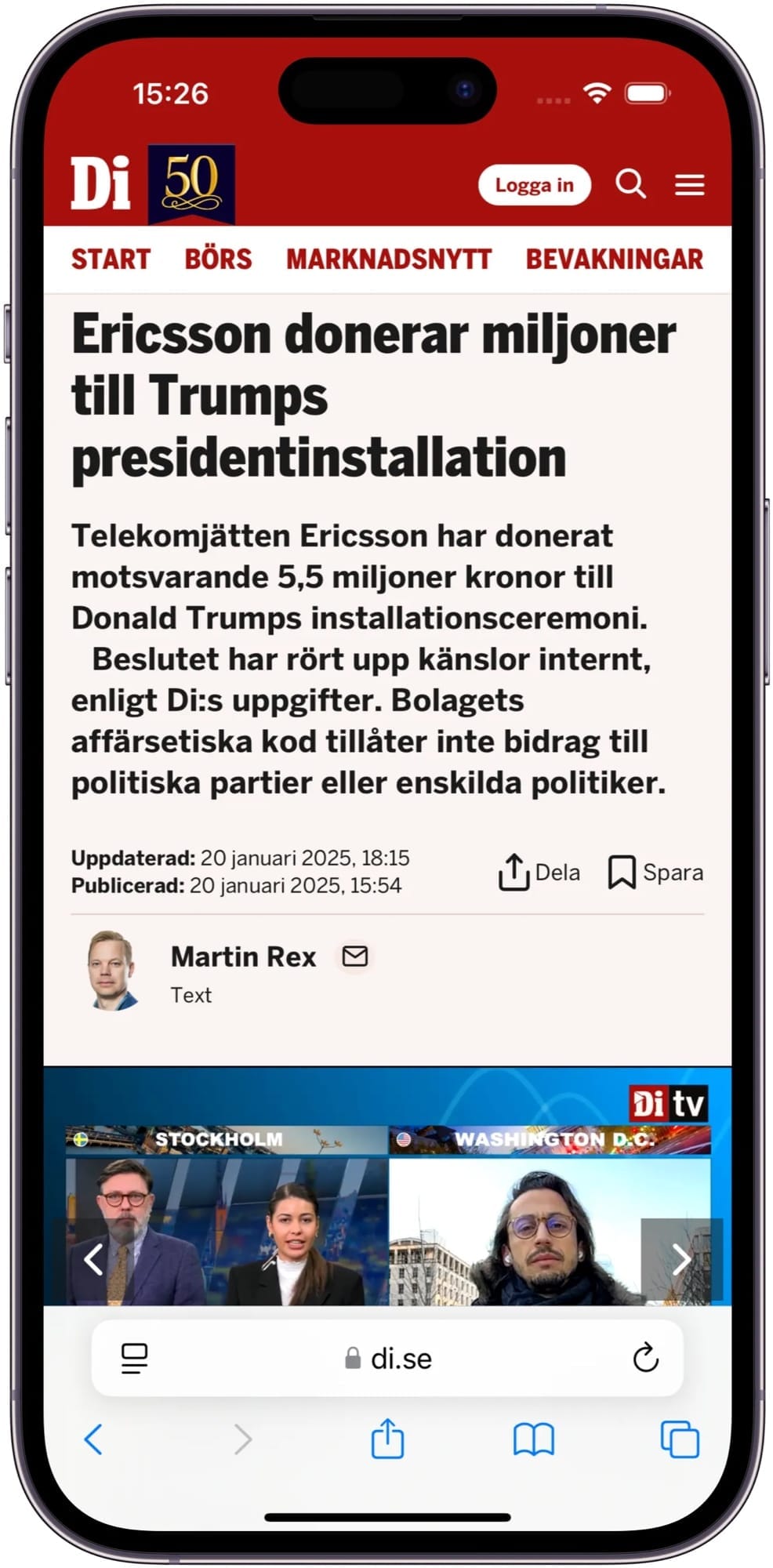 Ericsson donerar miljoner
till Trumps presidentinstallation 

Telekomjätten Ericsson har donerat motsvarande 5,5 miljoner kronor till Donald Trumps installationsceremoni. Beslutet har rört upp känslor internt, enligt Di:s uppgifter. Bolagets affärsetiska kod tillåter inte bidrag til politiska partier eller enskilda politiker.