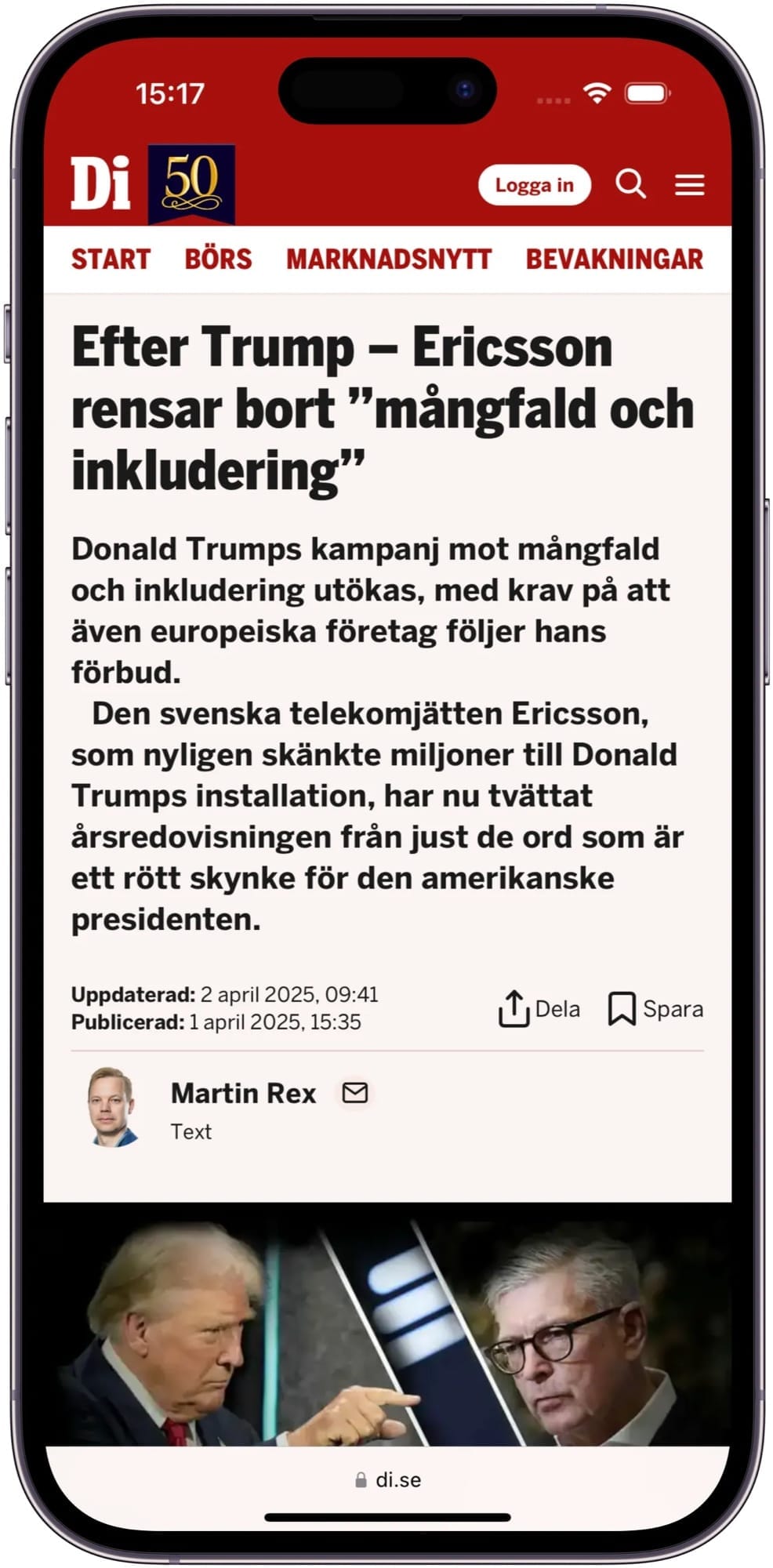 Efter Trump - Ericsson rensar bort "mångfald och inkludering"

Donald Trumps kampanj mot mångfald och inkludering utökas, med krav på att aven europeiska företag följer hans förbud. Den svenska telekomjätten Ericsson, som nyligen skänkte miljoner till Donald Trumps installation, har nu tvättat arsredovisningen från just de ord som är ett rött skynke för den amerikanske
presidenten.