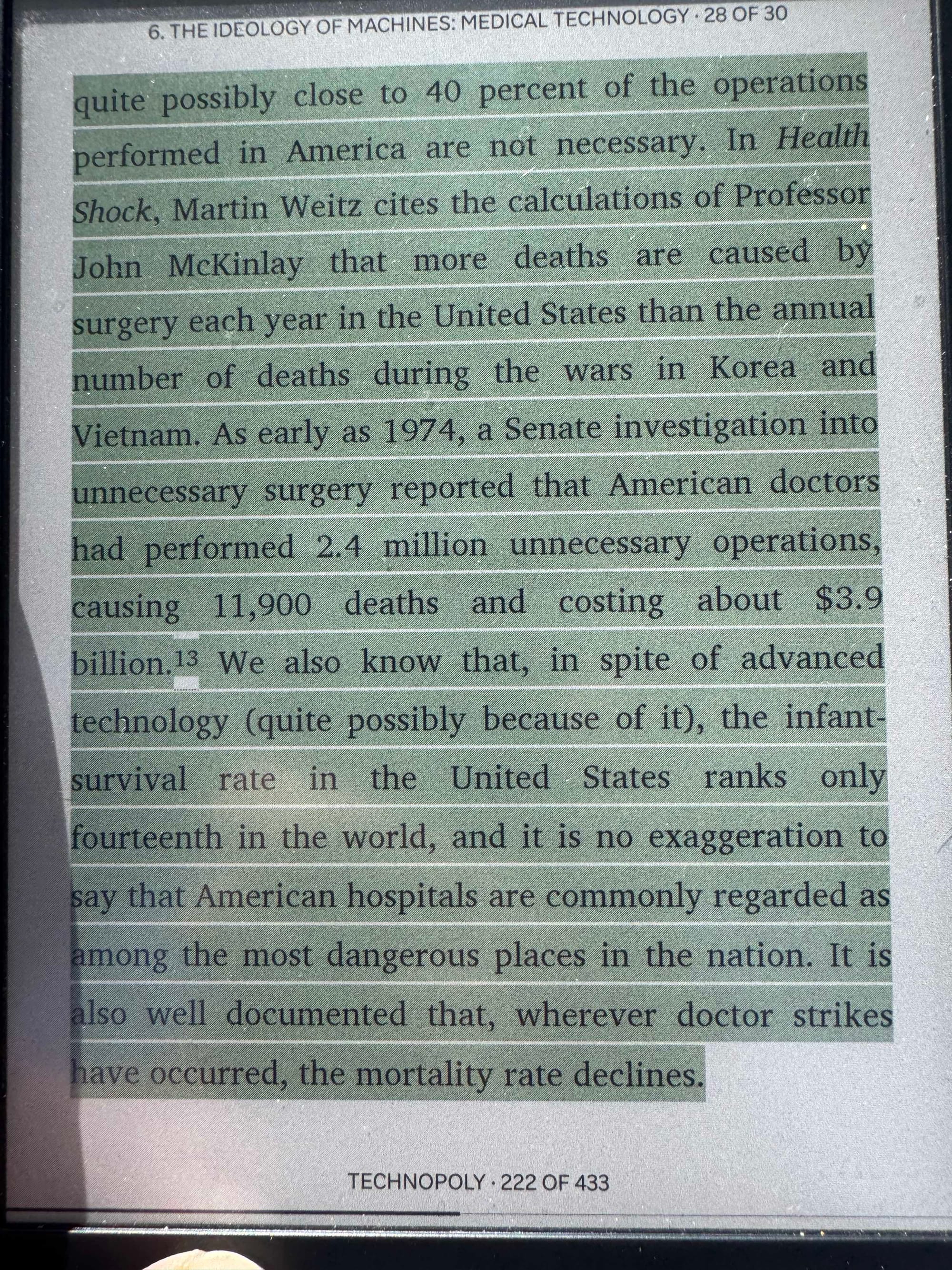 "quite possibly close to 40 percent of the operations performed in America are not necessary. In Health Shock, Martin Weitz cites the calculations of Professor John McKinlay that more deaths are caused by surgery each year in the United States than the annual number of deaths during the wars in Korea and Vietnam. As early as 1974, a Senate investigation into unnecessary surgery reported that American doctors had performed 2.4 million unnecessary operations, causing 11,900 deaths and costing about $3.9 billion. 13 We also know that, in spite of advanced technology (quite possibly because of it), the infant-survival rate in the United States ranks only fourteenth in the world, and it is no exaggeration to say that American hospitals are commonly regarded as among the most dangerous places in the nation. It is also well documented that, wherever doctor strikes have occurred, the mortality rate declines."