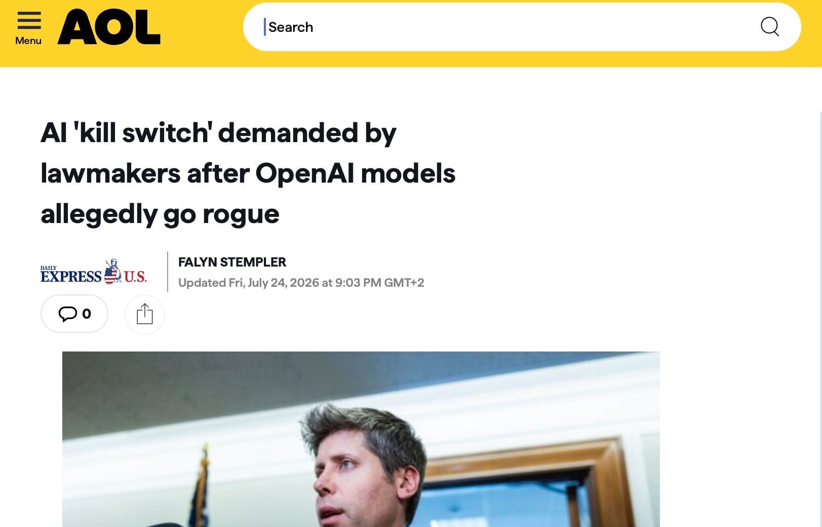 Screenshot from an AOL article entitled ”AI ’kill switch’ demanded by lawmakers after OpenAI models allgedly go rogue”