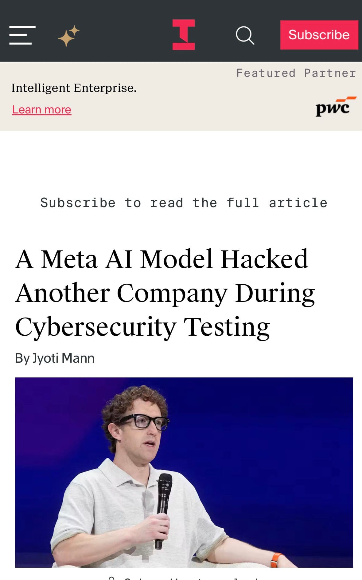 Screenshot from The Information with the news that Meta also had an "AI" model that hacked another company during testing.