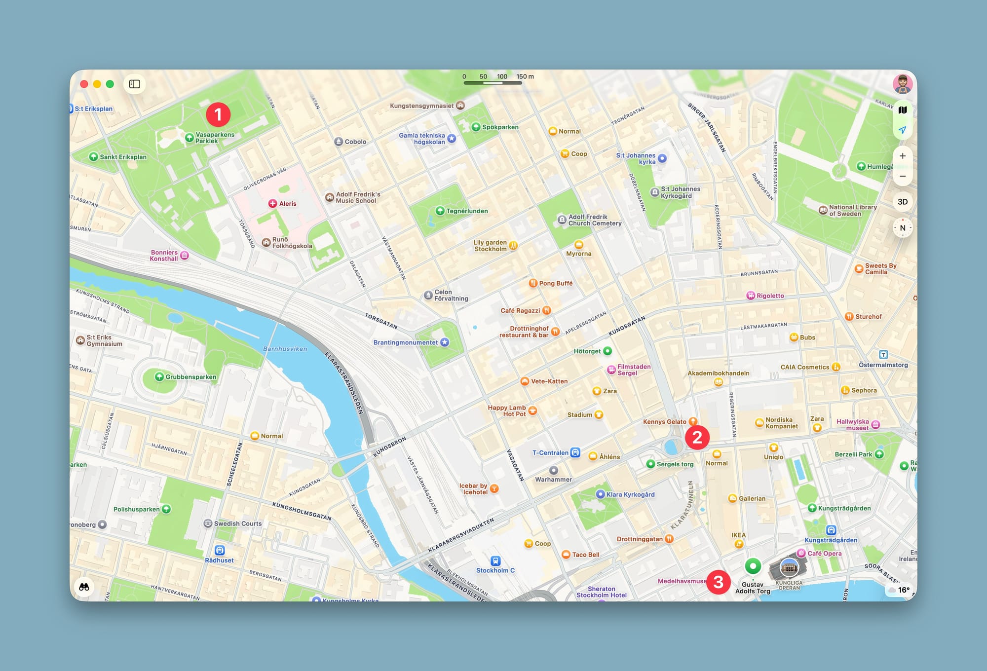 Karta från Apple Maps som visar platserna markerade med siffror:

1. Vasaparken
2. Sergels torg (vid fontänen)
3. Gustaf Adolfs torg