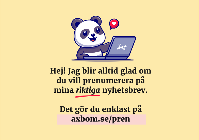 Illustration av en glad panda som sitter vid en dator, pekar på skärmen och har en pratbubbla med ett hjärta.

Under bilden står: 