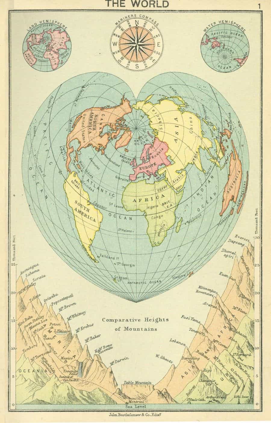 Cordiform (heart-shaped) map projection by John Bartholomew & Son, early 1900s.