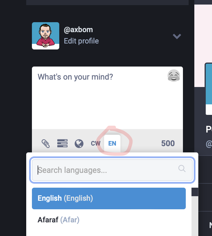 Screenshot from the Mastodon web app, showing the button and menu for selecting language. "EN" for English is circled.