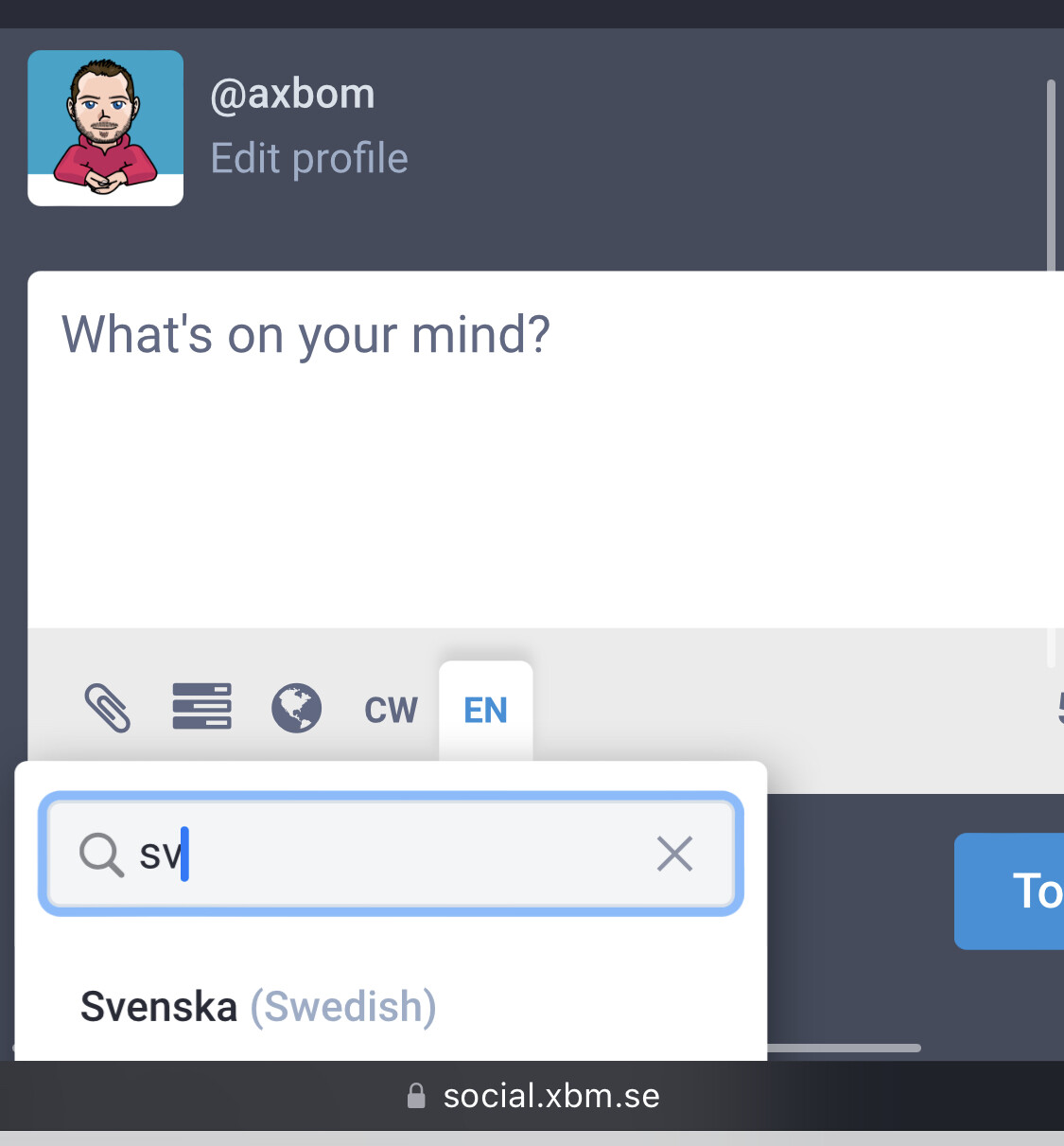 Screenshot of the compose window where the language selector is activated and "sv" has been typed to bring up the Swedish language option.
