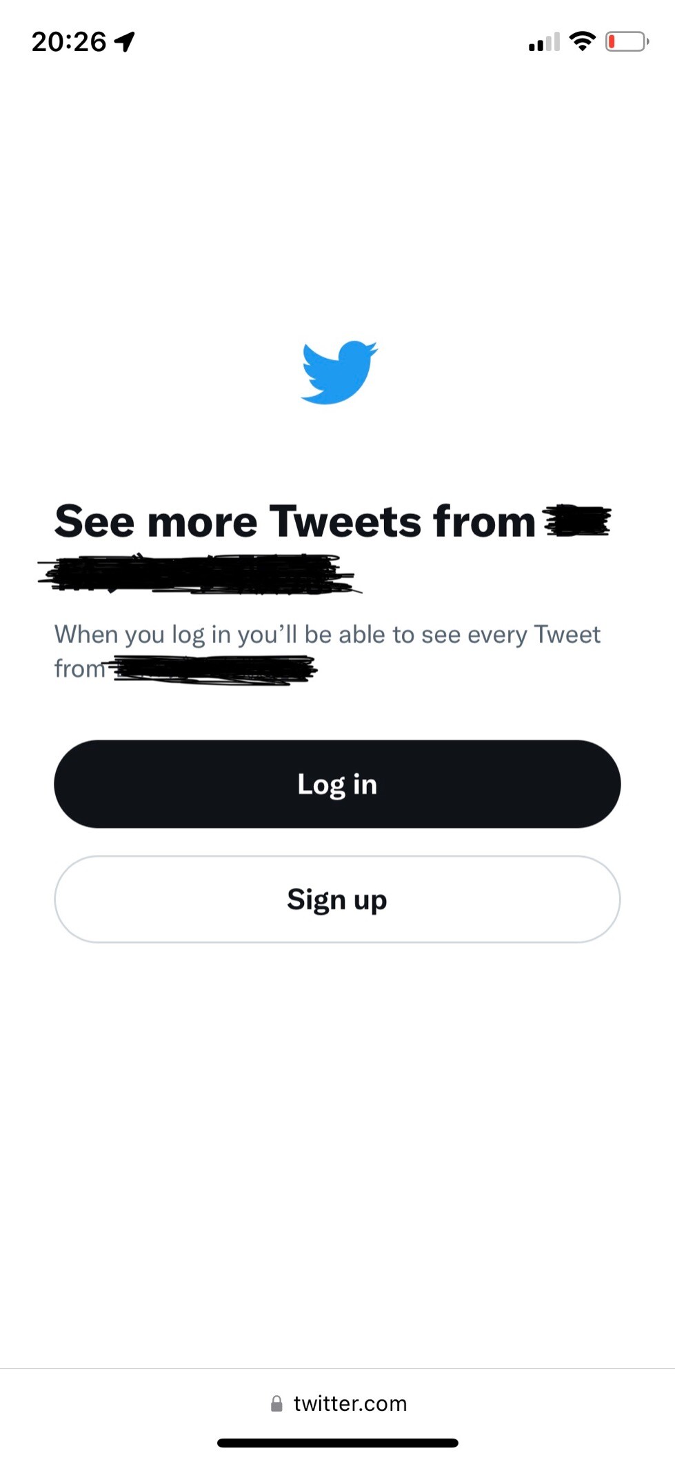 Screenshot of login screen. Text: See more tweets from [user]. When you log in you'll be able to see every tweet from [user].

Buttons: Log In, Sign Up.