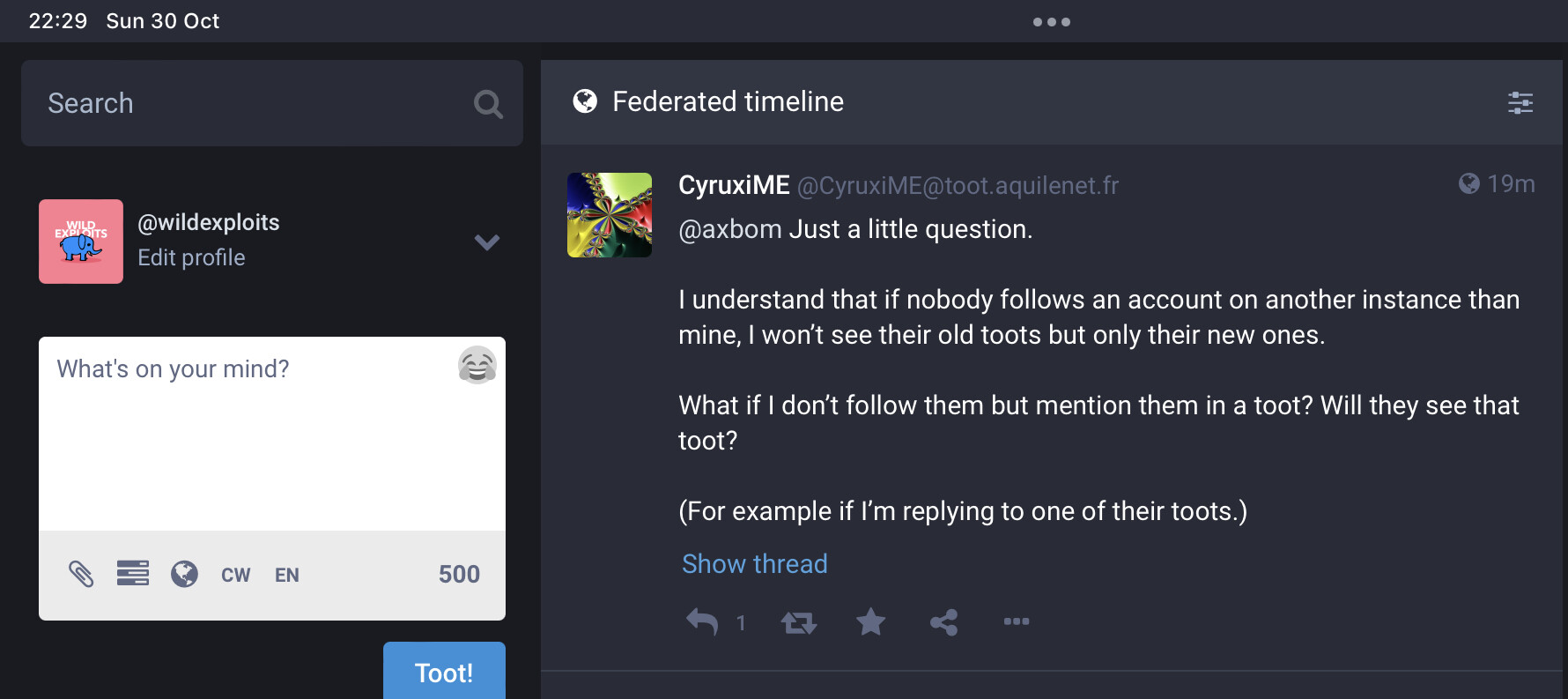 Screenshot of the toot in the federated timeline of @wildexploits@social.xbm.se