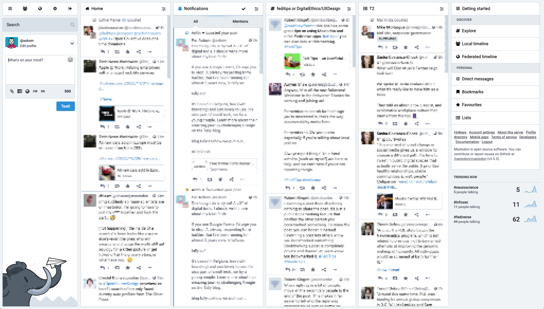 Screenshot of my Mastodon advanced web interface with six columns with different types of content, for example: Home, Notification, hashtag for DigitalEthics and a list. The toots in each column are pixelated and not readable.
