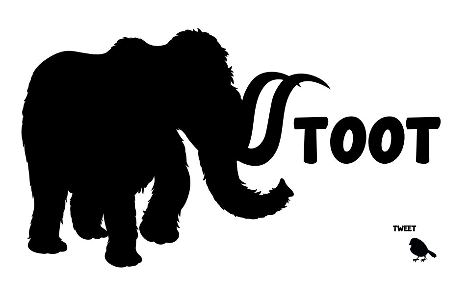 Silhouette of a large mammoth saying “Toot", next to the silhouette of a small sparrow saying “Tweet”.