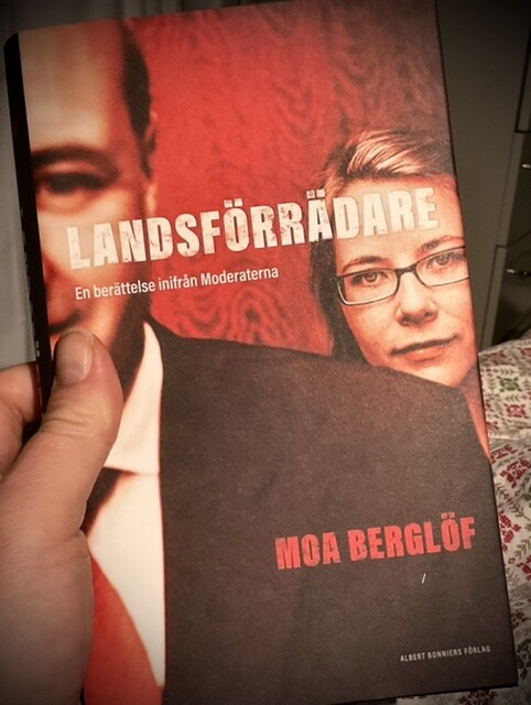 Håller boken, som går i röda toner, i min hand. På omslaget syns en bild där Fredrik Reinfeldt står i förgrunden, ur fokus, och Moa Berglöf står strax bakom hans axel. Det är Berglöfs ansikte som har kamerans fokus och hon tittar rakt in i kameran.
Bokens titel: Landsförrädare – En berättelse inifrån Moderaterna.
Författare: Moa Berglöf